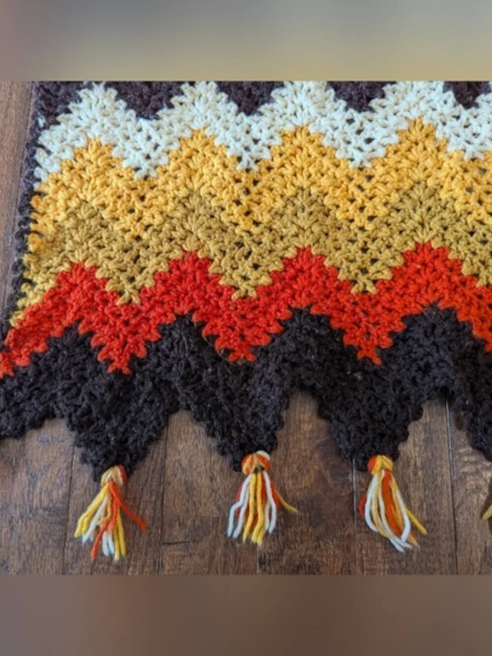 Vintage Chevron Afghan Crocheted Blanket Throw Zig Zag Earthy 70s Retro Groovy
